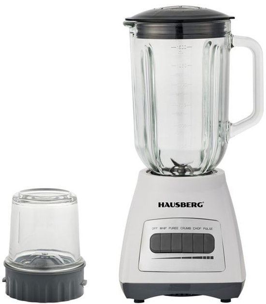 Hausberg HB-7772AB Elektrische Blender 400-500W Wit | 1,5 L Glazen Kan Smoothies Shakes & Grinder