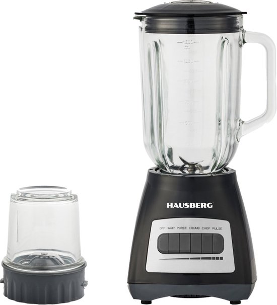 Hausberg HB-7772NG Elektrische Blender 400-500W Zwart | 1,5 L Glazen Kan Smoothies Shakes Sauzen