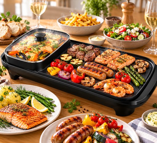 HAVOONA 2-in-1 Elektrische Tafelgrill met Hotpot – 1300W – 5 Temperatuurstanden – Grillplaat met Antiaanbaklaag – Glazen Deksel – Ideaal voor Gezellig Gourmetten