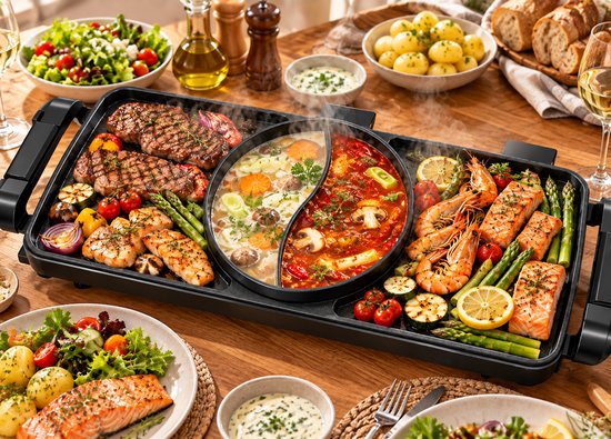 HAVOONA Elektrische Grill & Hotpot 2-in-1 – 2200W – Dubbele Hotpot & Grillplaat – 5 Warmtestanden – Onafhankelijke Temperatuurregeling