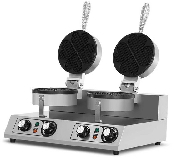 HCB® - Professioneel horeca Wafelijzer voor 2 ronde wafels - met timer - Dubbel wafelijzer - Wafelmaker van RVS / INOX - 38x52x24 cm (DxBxH) - 8 kg - 9617 van HCB