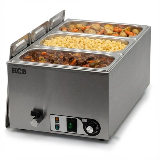HCB® - Professionele Horeca Bain marie - 3 x 1/3 GN - 230V - RVS / INOX - Buffetwarmer Elektrisch - 60x35.5x26 cm (DxBxH) - 9 kg - 8678