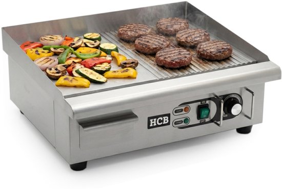 HCB® - Professionele Horeca Bakplaat - 1/2 geribbeld - 230V - RVS / INOX - Electrisch Grill apparaat - 47.5x55x22 cm (DxBxH) - 23 kg - 2569