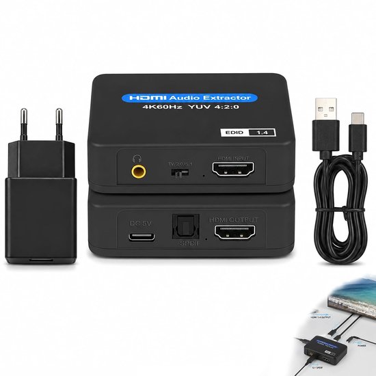 HDMI Audio Extractor, HDMI Audio Converter 4K 60Hz, SPDIF Toslink, 3,5 mm Jack, Video Converter Met EDID 2.0 5.1, Splitter Adapter Compatibel met TV Stick Console PC Projector