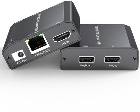 HDMI USB KVM Extender, KVM USB HDMI Extender over CAT6 / CAT5e tot 150M, Lossless Latency, Plug and Play, 1080P @60Hz, Loop Out, POE, Mouse and Keyboard Remote Control PC