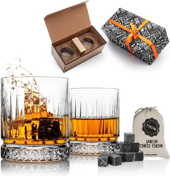 Hediyepeti 2-delige whiskystenen en glazen cadeauset - whiskybekerset voor mannen - verjaardagscadeau voor haar van Hediyepeti