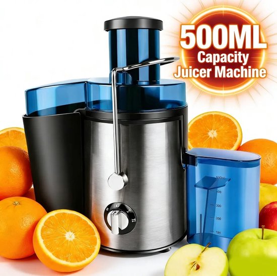 Heidat Sapcentrifuge - Juicer en sapmaker voor groente en fruit – 2 Snelheden – 65 mm Brede Vulopening – 500 ml Sapbeker – 400 W - RVS – Zilver van Heidat