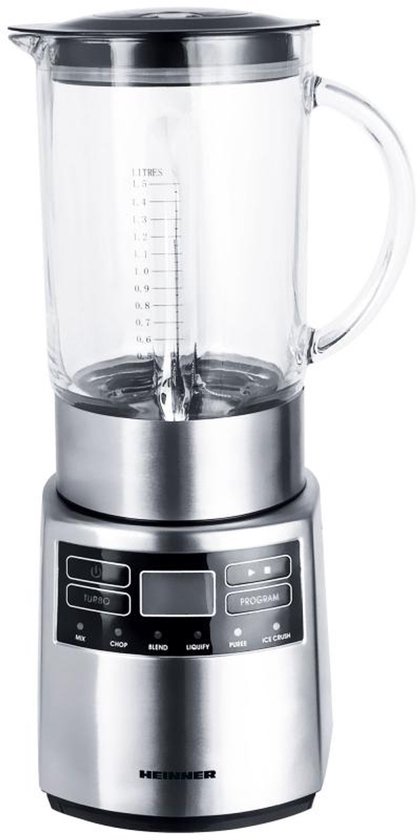Heinner Blender – 1000W – 1,5L Glazen Kan – LCD-display – 5 Snelheden + Pulse – IJscrusher – 6 RVS Messen – Elektronisch Bedieningspaneel – RVS