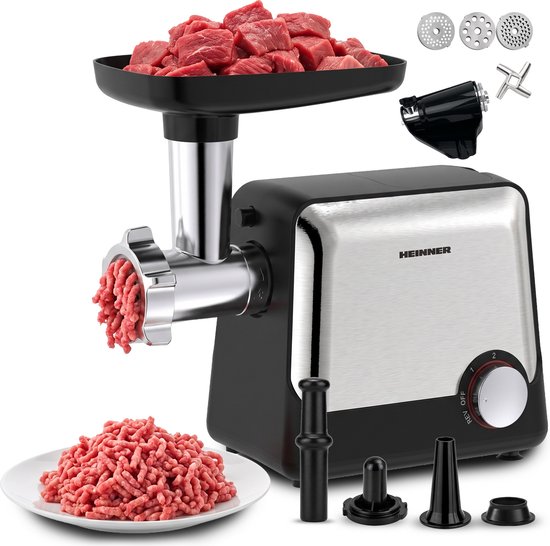 Heinner Elektrische Vleesmolen - 2100 W - Maalcapaciteit 1,8 kg/min - 3 Maalschijven - 2 Snelheden en Reversefunctie - Worst-, Kibbeh- en Tomatenaccessoires - RVS/Zwart van Heinner