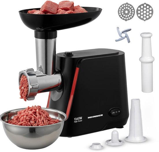 Heinner Elektrische Vleesmolen - Gehaktmolen met RVS mes - 2 snelheden + Reverse-functie - 1340 W - 1,5 kg/min - Inclusief Worst & Kibbe-accessoire - Zwart van Heinner