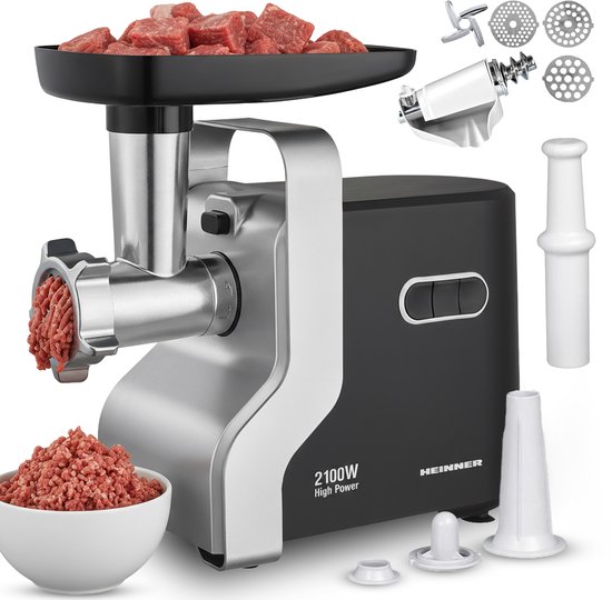 Heinner Elektrische Vleesmolen - Gehaktmolen met RVS mes - 2 snelheden + Reverse-functie - 2100 W - 1,8 kg/min - Inclusief Worst, Kibbe en Tomatenaccessoire - Zwart/Zilver van Heinner