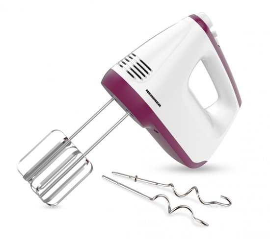 Heinner Handmixer - 400 W - 6 Snelheden + Turbo - 2 RVS Kloppers & 2 Deeghaken - Uitwerpknop - Zelfstaand Ontwerp - Wit/Bordeauxrood van Heinner