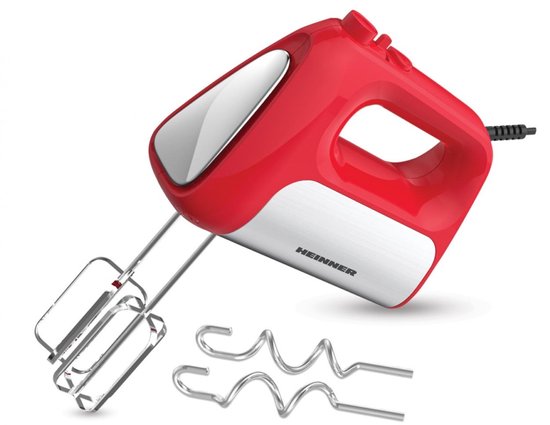 Heinner Handmixer - 500 W - 5 Snelheden + Turbo - RVS Kloppers & Deeghaken - Uitwerpknop - Rood met RVS-decoratie van Heinner