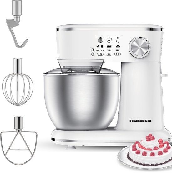 Heinner Keukenmachine Mixer – 5 L Kom – 1000 W – 12 Snelheden met Pulsfunctie – Keukenrobot inclusief RVS Garde, Menghaak en Deeghaak – Wit