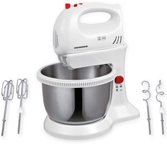 Heinner Mixer met Mengkom – Elektrische Handmixer met Standaard – 300 W – Mengkom van 3,4 L – 5 Snelheden en Turbofunctie – 2 Gardes en 2 Deeghaken – Afneembare Mixer – Wit