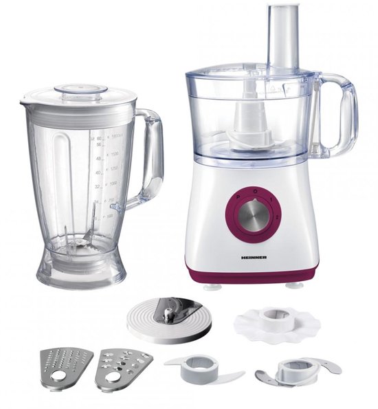 Heinner Multifunctionele Foodprocessor – 750 W – Mengkom 1,2 L – Blender 1,8 L – 2 Snelheden en Pulsstand – Hakken, Kneden, Snijden, Raspen en Emulgeren – Wit/Bordeauxrood