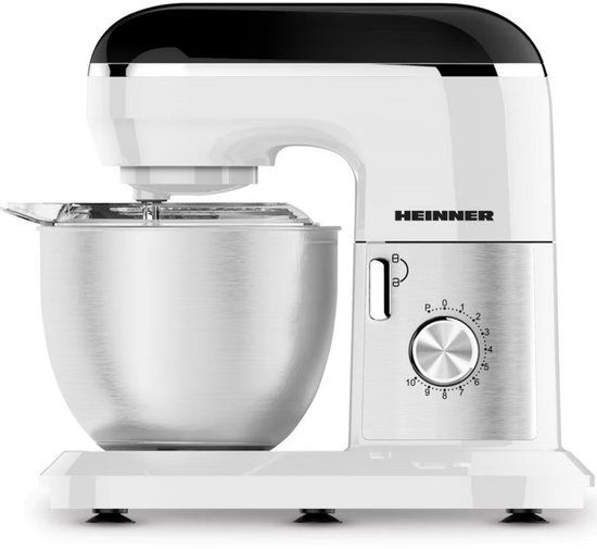 Heinner Planetaire Keukenmachine – 1000 W – RVS Mengkom 5 L – 10 Snelheden + Pulsstand – Garde, Deeghaak en Menghaak – Transparant Spatdeksel – Wit