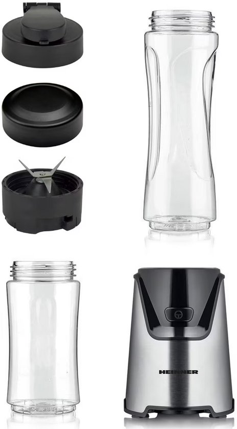 Heinner Sportblender – 400W – 19.000 rpm – 600 ml & 400 ml Tritan Bekers – BPA-vrij – 2 Ready-to-Go Deksels – RVS Messen – Inox Behuizing – Zwart/Inox