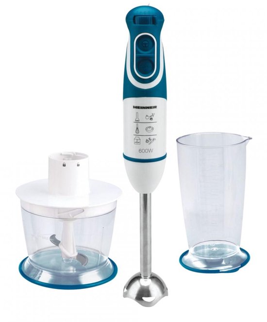 Heinner Staafmixer Set – 600W – 5 Snelheden – Turbo Functie – 700 ml Maatbeker – 500 ml Hakmolen – Garde – RVS Staaf – Blauw