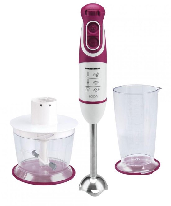 Heinner Staafmixer Set – 600W – 5 Snelheden – Turbo Functie – 700 ml Maatbeker – 500 ml Hakmolen – Garde – RVS Staaf – Wit/Bordeauxrood