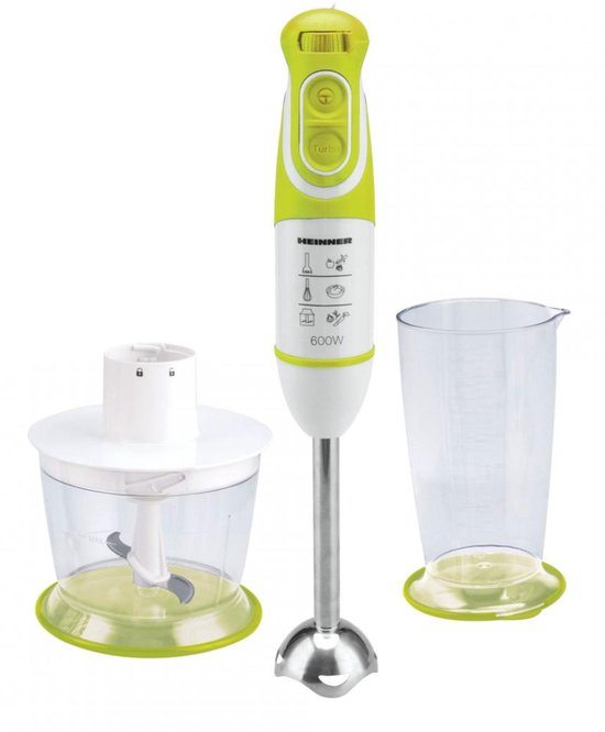 Heinner Staafmixer Set – 600W – 5 Snelheden – Turbo Functie – 700 ml Maatbeker – Hakmolen – Garde – RVS Staaf – Wit/Groen
