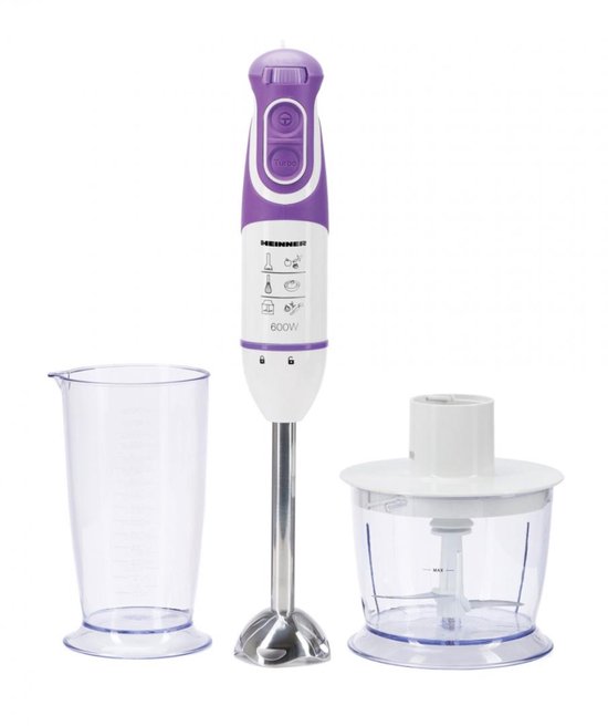 Heinner Staafmixer Set – 600W – 5 Snelheden – Turbo Functie – 700 ml Maatbeker – Hakmolen – Garde – RVS Staaf – Wit/Violet