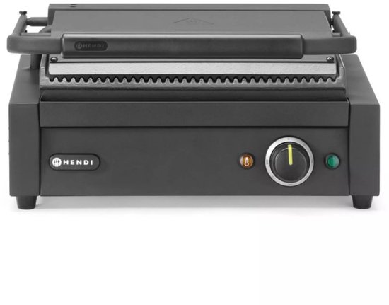 HENDI contactgrill - roestvast staal en geemailleerde gietijzeren platen - 34x23,4 cm - geribbeld - zilver - voor brood, vlees en groenten van HENDI