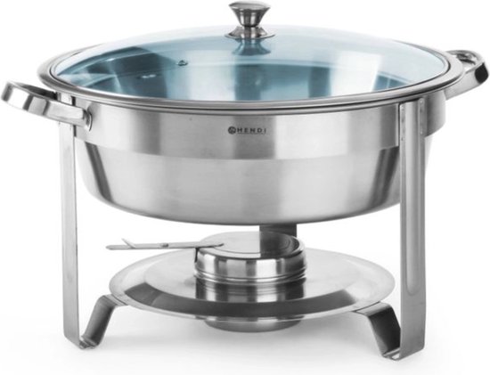 HENDI Ronde chafing dish - glazen deksel - 3,5L - inclusief brandpastahouder - roestvast staal
