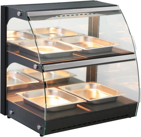 HENDI Warmhoudvitrine – Tweelaags – Kwarts Verwarming – 650x485x630 mm – RVS & Gehard Glas