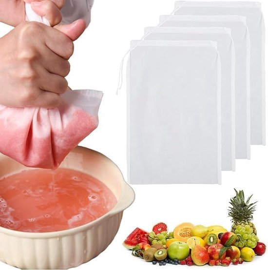 Herbruikbare fijne zeefzakken voor notenmelk - 4 stuks, ideaal voor sap, koffie, yoghurt en thee, perfect voor het filteren van melk en noten