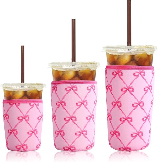 Herbruikbare Iced Coffee Sleeve Set van 3 Stuks, Isolerende Neoprene Houder voor Koude Dranken, Perfect voor Iced Coffee en Thee (Roze Strik) van Merkloos