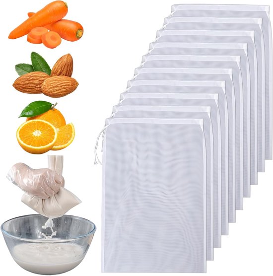 Herbruikbare Notenmelkzakken - 10 Stuks, 20 x 30 cm, Fijnmazige Zeefdoek voor Melk, Koffie en Sap van Merkloos