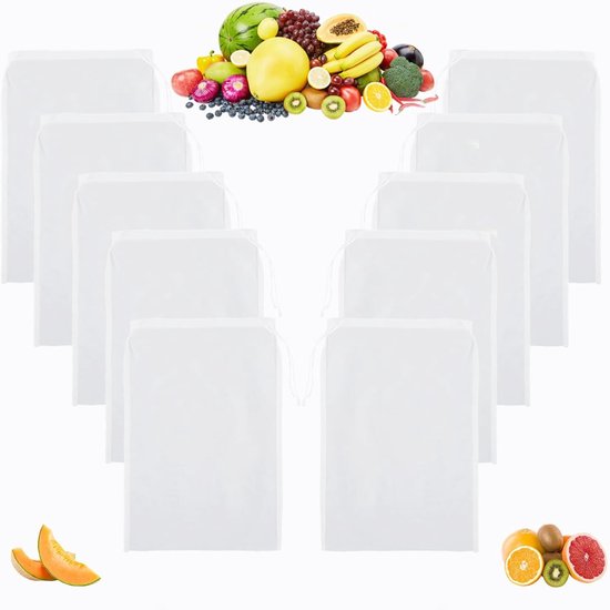 Herbruikbare Notenmelkzakken Set van 10, 20 x 30 cm, Fijnmazige Filterdoek voor Melk, Yogurt en Sap
