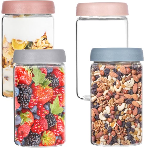 Herbruikbare Overnight Oats Potjes, 4-pack 600ml - Ideaal voor Havermout, Salades, Fruit en Yogurt Opslag