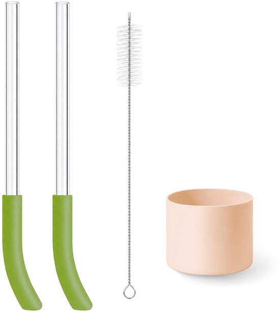 Herbruikbare rietjes - 2 stuks - Met siliconen bekerhoes - Groen/Roze