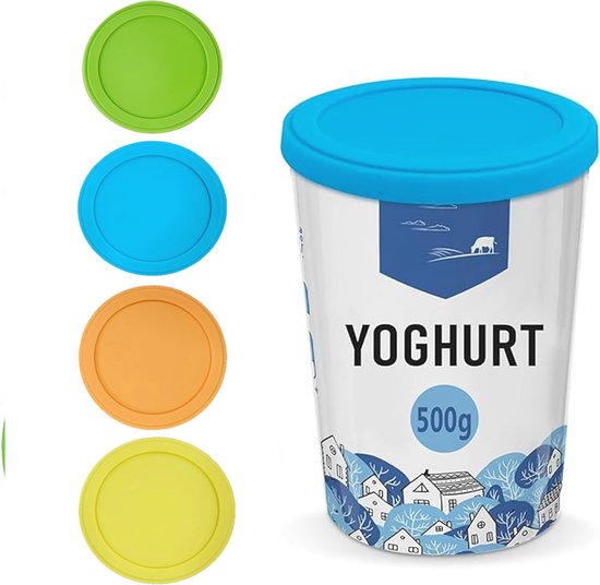 Herbruikbare siliconen deksels voor yoghurtbekers - 4 stuks, 500 g van Merkloos