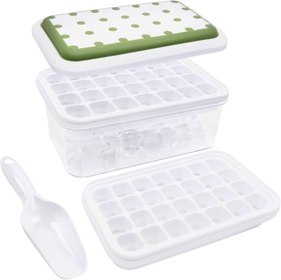 Herbruikbare siliconen ijsblokjesmal met deksel en ijsdoos, 56 stuks, BPA-vrij, ideaal voor gekoelde dranken, inclusief lepel en 2 trays