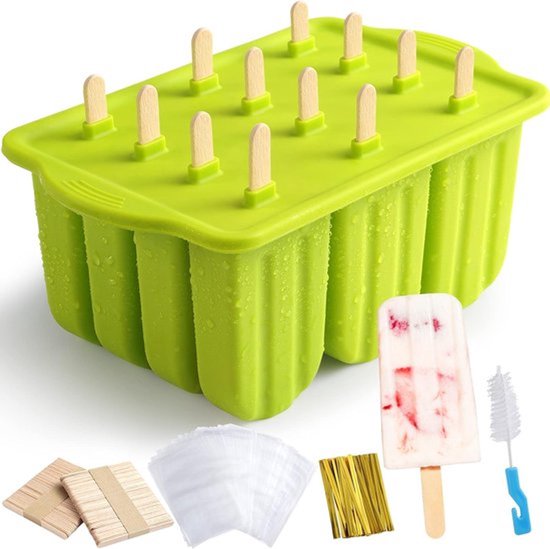 Herbruikbare siliconen ijsvormen voor 12 popsicles, BPA-vrij, inclusief 100 ijsstokjes en eenvoudig te gebruiken