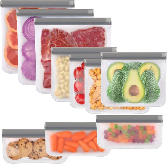 Herbruikbare Vershoudzakjes Set van 12 Stuks - Lekvrije Diepvrieszakken met Dubbele Ritssluiting - BPA-vrij PEVA Bewaarzakjes voor Snacks, Fruit en Marineren - grijs