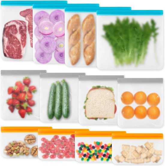 Herbruikbare Vershoudzakjes Set van 12 Stuks - Lekvrije Diepvrieszakken met Dubbele Ritssluiting - BPA-vrij PEVA Bewaarzakjes voor Snacks, Fruit en Marineren - Transparant