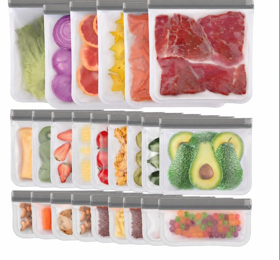 Herbruikbare Vershoudzakjes Set van 24 Stuks - Lekvrije Diepvrieszakken met Dubbele Ritssluiting - BPA-vrij PEVA Bewaarzakjes voor Snacks, Fruit en Marineren - Transparant