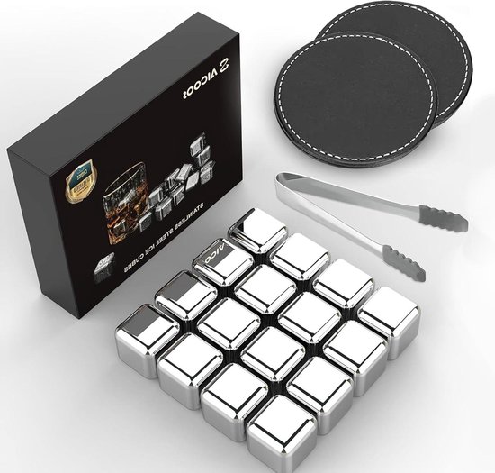 Herbruikbare Whiskey Stones - 16 stuks - Hoge Koeltechnologie - Roestvrijstalen IJsblokjes voor Whisky, Wodka, Likeuren, Wijn, Dranksap - Pak van 16 van Flow Barware