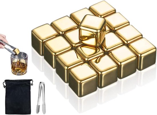 Herbruikbare whiskystenen van roestvrij staal - 16 stuks goud met ijsclip - whisky wodka likeur wijn van Flowyo