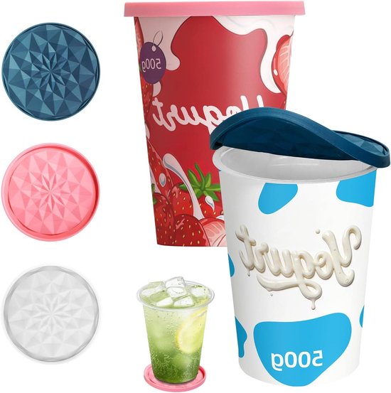 Herbruikbare Yoghurt Deksel - Siliconen Deksel Beker - Lekvrij Bewaren - Omkeerbaar Onderzetter - 9.5 cm Diameter - Blauw Roze Wit