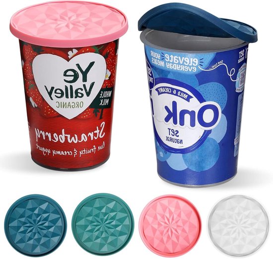 Herbruikbare Yoghurtbeker Deksel - Siliconen Deksel Set - Yoghurt Vers Houden - Lekvrije Sluiting - 500 g Bekers - Lichtblauw