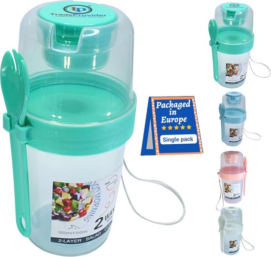 Herbruikbare yoghurtbekers 538 ml met deksel en vork - 3-in-1 ontbijtpot voor salade en sap - 100% BPA-vrij van Merkloos