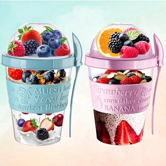 Herbruikbare yoghurtpotten 600 ml met lepel - Luchtdichte opslagcontainers voor ontbijtgranen en snacks van Com-Four