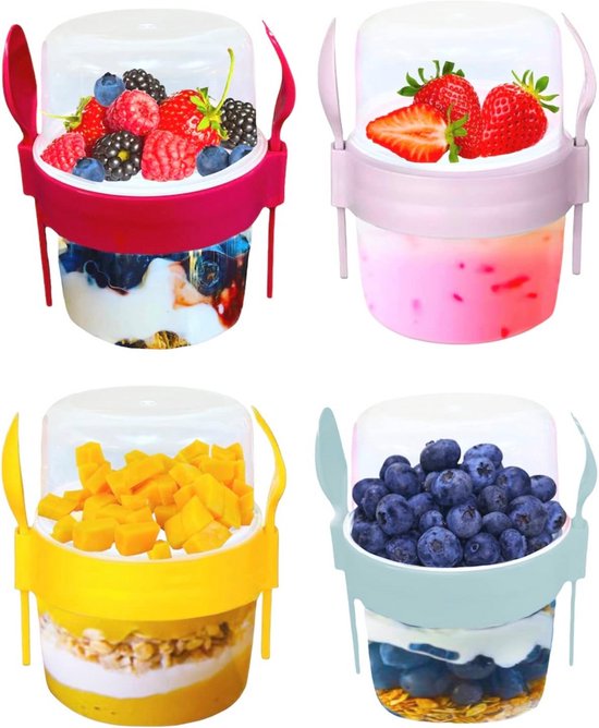 Herbruikbare yoghurtpotten set van 4 - 500 ml BPA-vrij met lepel en vork voor onderweg van Merkloos