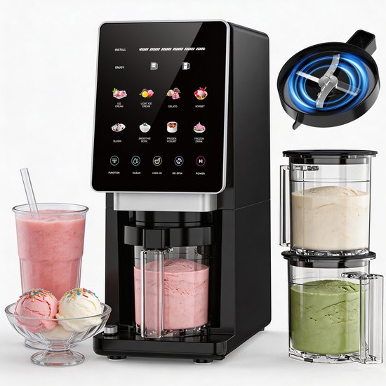 HHHK - ijmachine - ijsmaker - 10 in 1 - Slushpuppy - Schepijs - Sorbet - Gelato - Light ijs - Frozen Yoghurt - 3x 500ml