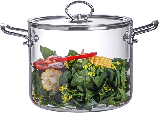 Hittebestendige glazen stoofpot met deksel - Perfect voor soep, pasta en salades met roestvrijstalen handgrepen van Merkloos